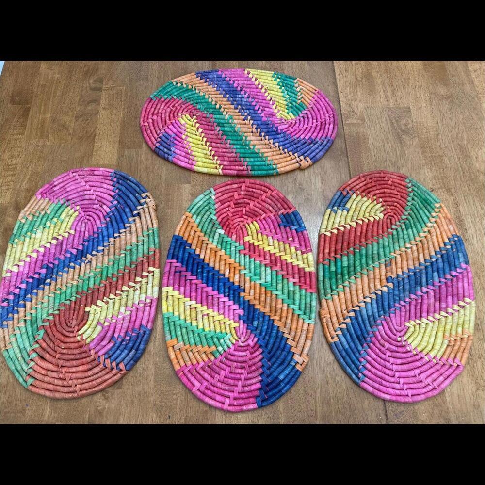 Vtg Rainbow Raffia Rattan Large Placemats Set 4 Boho  Woven Retro Groovy Hippie​